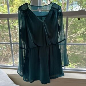 Leith Teal Romper with Sheer Sleeves